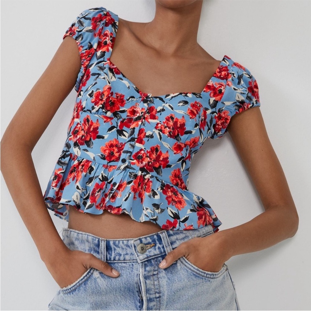 Zara Floral Blue and Red Peplum Blouse